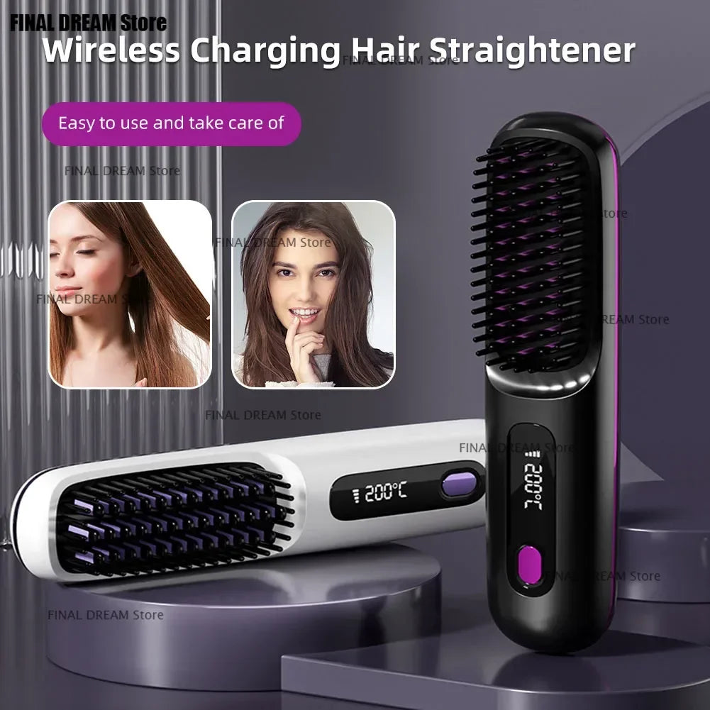 Electric LCD Usb Ceramic Heating Straight Hair Comb Wireless Portable Negative Ion Styling Tool Rechargeable Straightening Brush