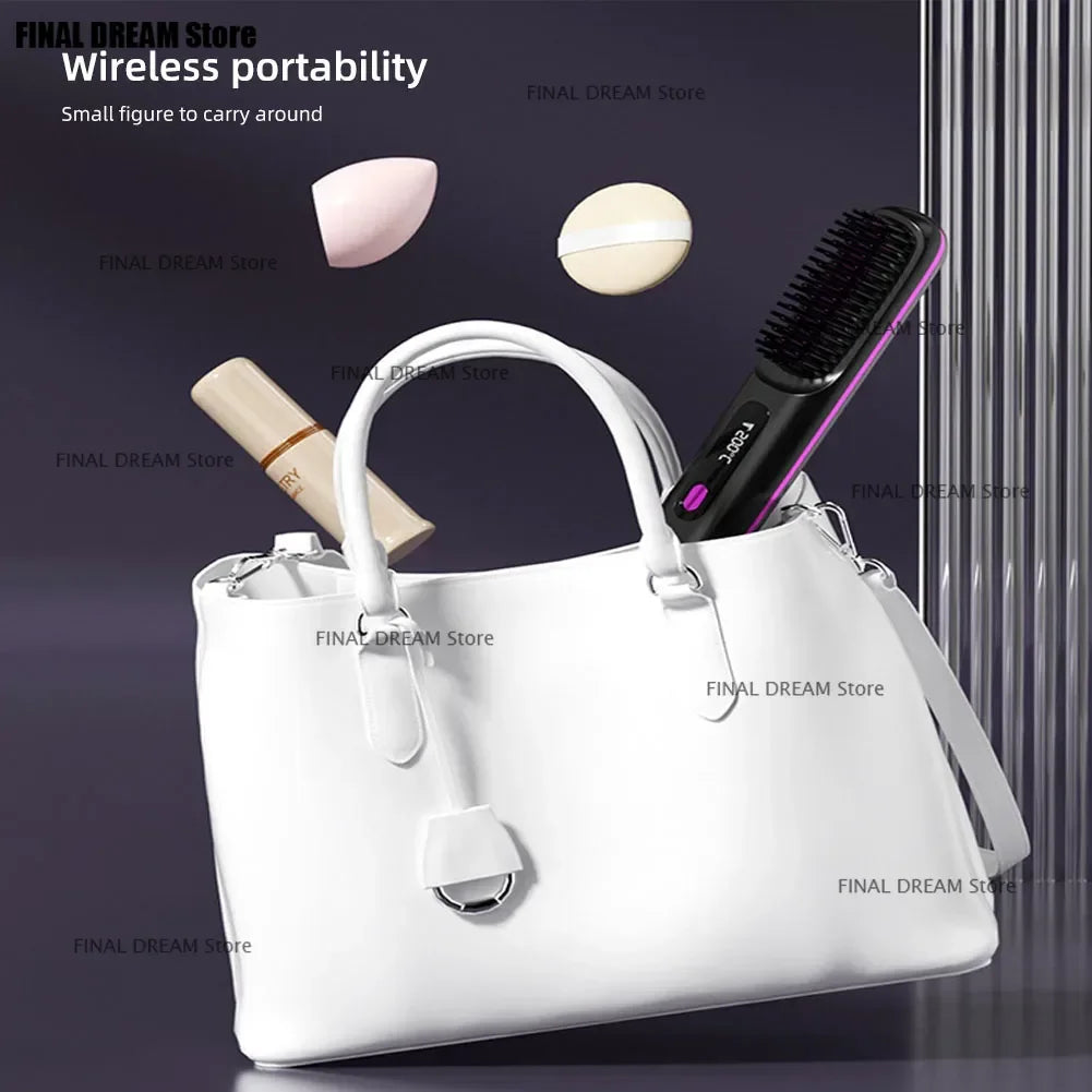 Electric LCD Usb Ceramic Heating Straight Hair Comb Wireless Portable Negative Ion Styling Tool Rechargeable Straightening Brush